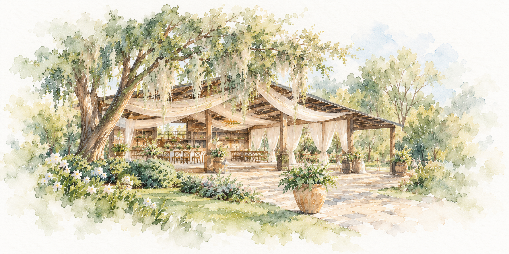 Aquarela panorâmica do espaço: árvores, pavilhão claro e jardim