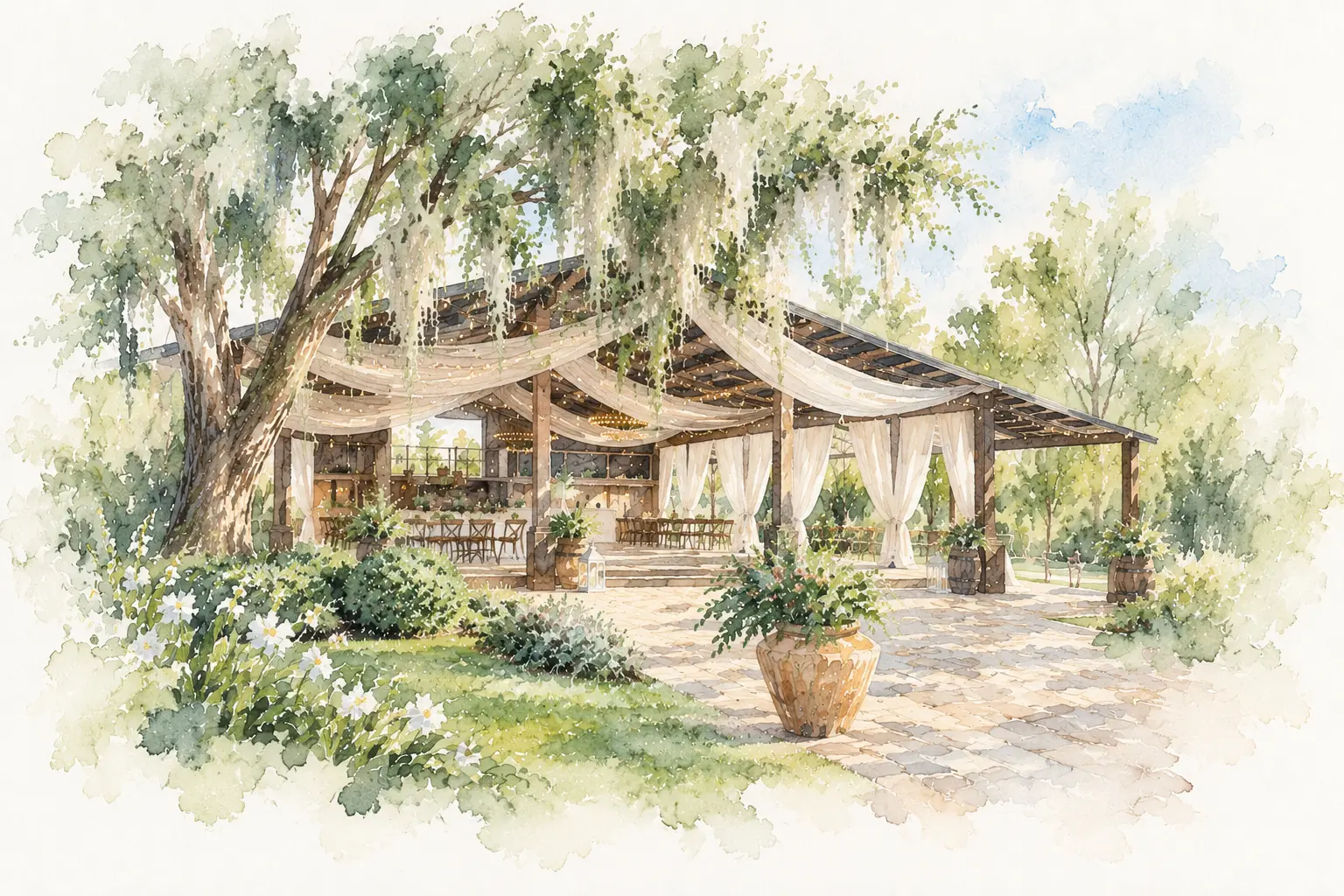 Aquarela do espaço de eventos: mesas montadas no jardim, árvores e tecidos claros